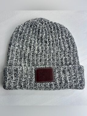 Love Your Melon Black & White Marled Knit Beanie with Leather Patch